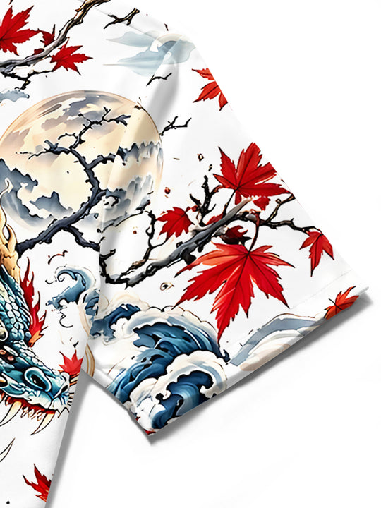 Adaychic Men's Hawaiian Dragon Print Maple Leaf Print Short Sleeve Shirt with Chest Pocket