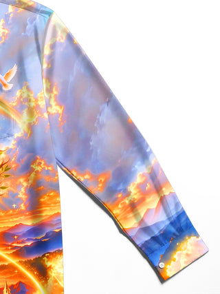 Adaychic Men's Graphic Tree Of Life And Golden Cross Print Long Sleeve Shirt with Chest Pocket