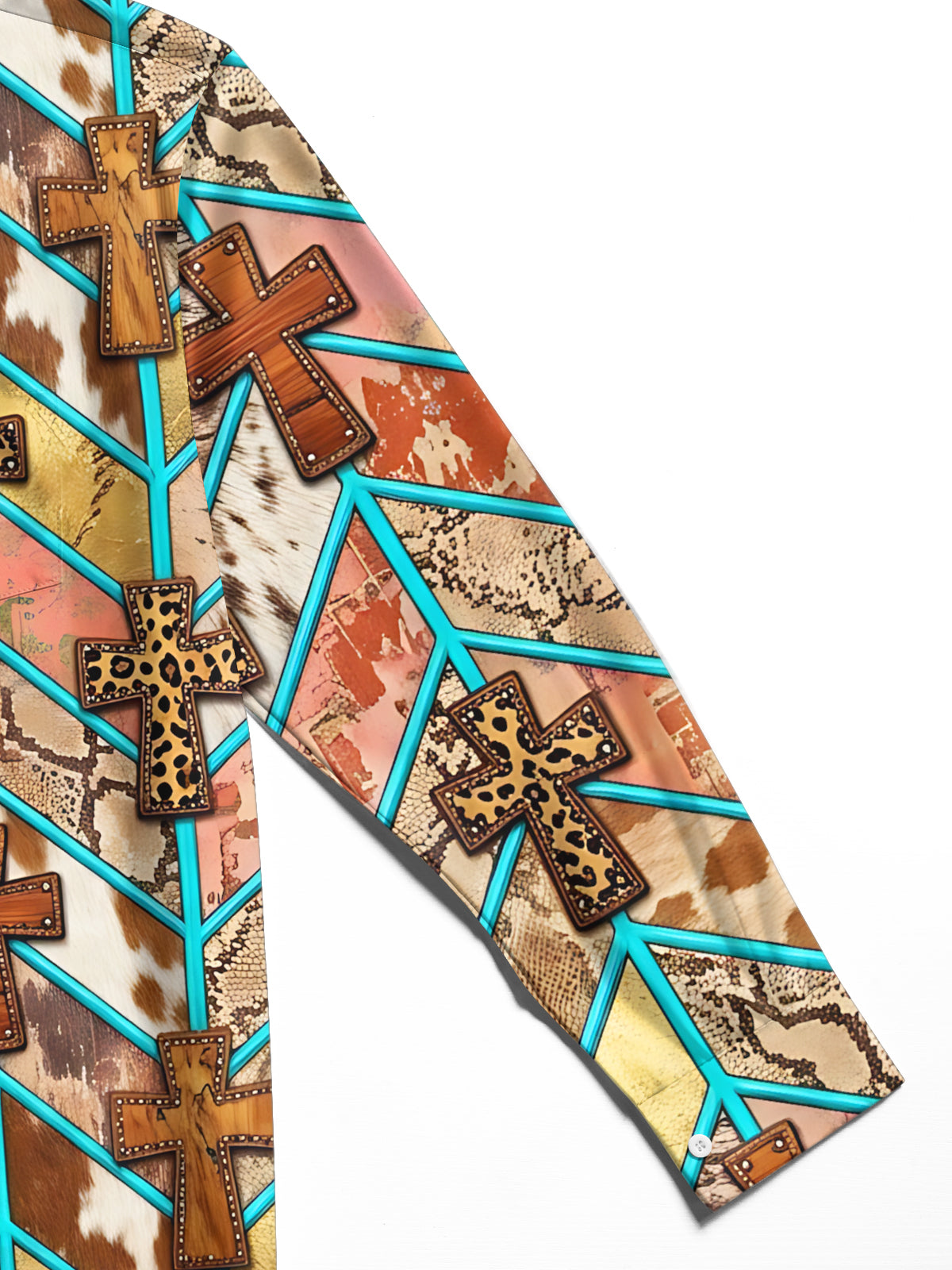 Adaychic Men's Long Sleeve Shirt - Crosses With Animal Prints And Geometric Lines Print with Chest Pocket