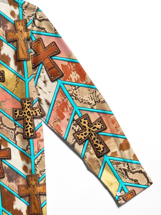 Adaychic Men's Long Sleeve Shirt - Crosses With Animal Prints And Geometric Lines Print with Chest Pocket