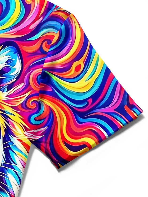 Adaychic Men's Colorful Psychedelic Tiger Face Print Short Sleeve Shirt with Chest Pocket
