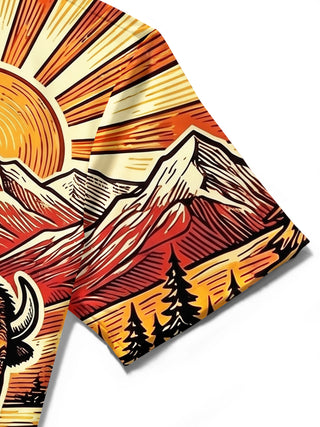 Adaychic Men's Vintage Style Bison Landscape Print Short Sleeve Shirt with Chest Pocket