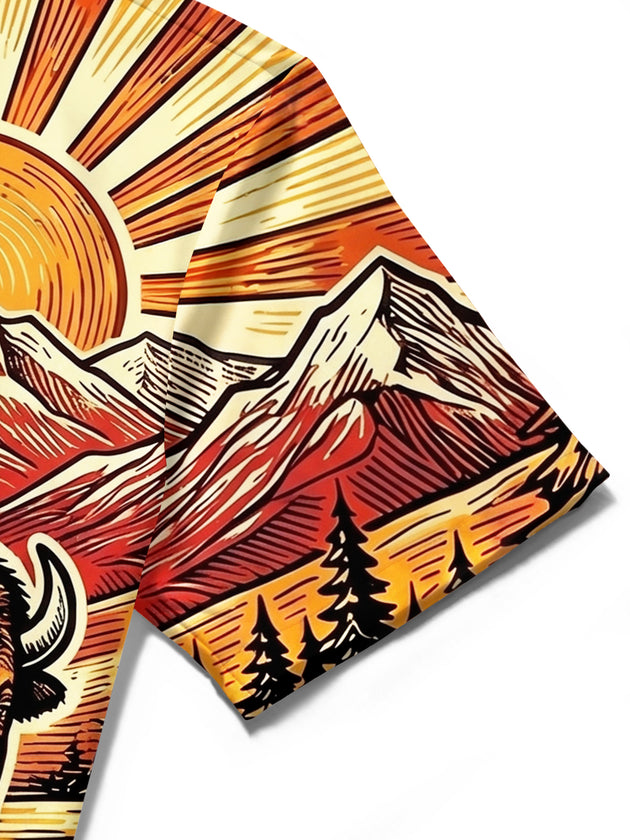 Adaychic Men's Vintage Style Bison Landscape Print Short Sleeve Shirt with Chest Pocket