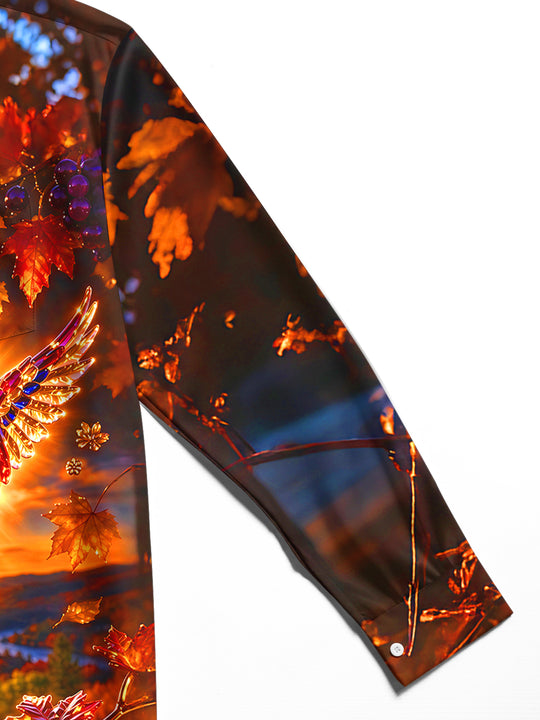 Adaychic Men's Long Sleeve Shirt - Crystal Parrot With Autumn Leaves And Grapes Print with Chest Pocket