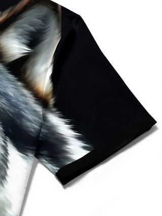 Adaychic Men's Graphic Roaring Wolf Face Print Wolf Print Short Sleeve Shirt with Chest Pocket