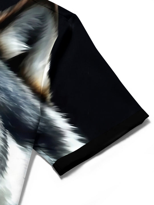 Adaychic Men's Graphic Roaring Wolf Face Print Wolf Print Short Sleeve Shirt with Chest Pocket