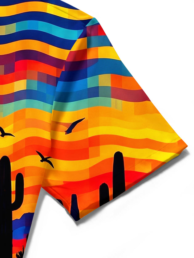 Adaychic Men's Short Sleeve Shirt - Desert Sunset Landscape With Cacti And Birds Print with Chest Pocket