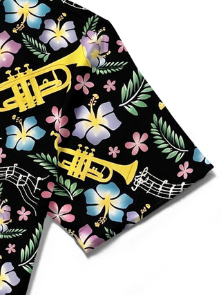Adaychic Men's Hawaiian Trumpet Musical Notes Print Short Sleeve Shirt with Chest Pocket