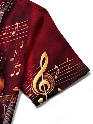 Adaychic Men's Short Sleeve Stand Collar Shirt - Musical Instruments And Notes Print with Chest Pocket