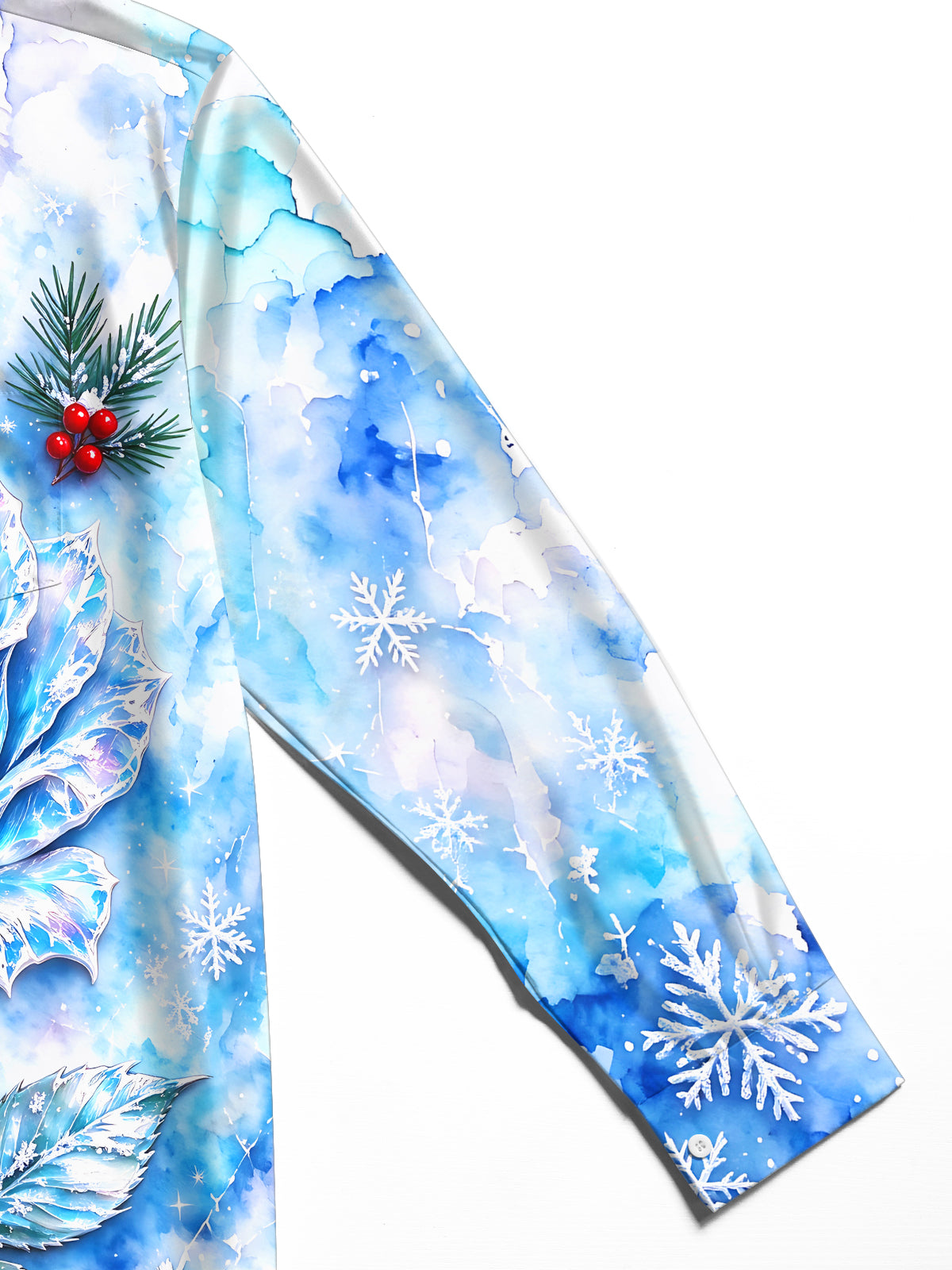 Adaychic Men's Long Sleeve Shirt - Blue Rose With Snowflakes And Winter Berries Print with Chest Pocket