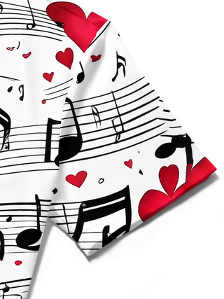 Adaychic Men's Printed Musical Notes Print Red Hearts Print Short Sleeve Shirt with Chest Pocket