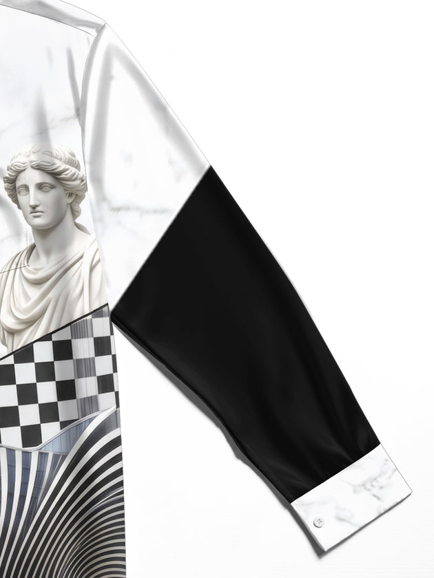 Adaychic Men's Long Sleeve Shirt - Abstract Geometric And Psychedelic Patterns With Classical Statue Print with Chest Pocket