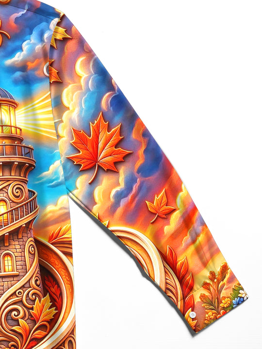 Adaychic Men's Hawaiian Lighthouse And Autumn Leaves Print Long Sleeve Shirt with Chest Pocket