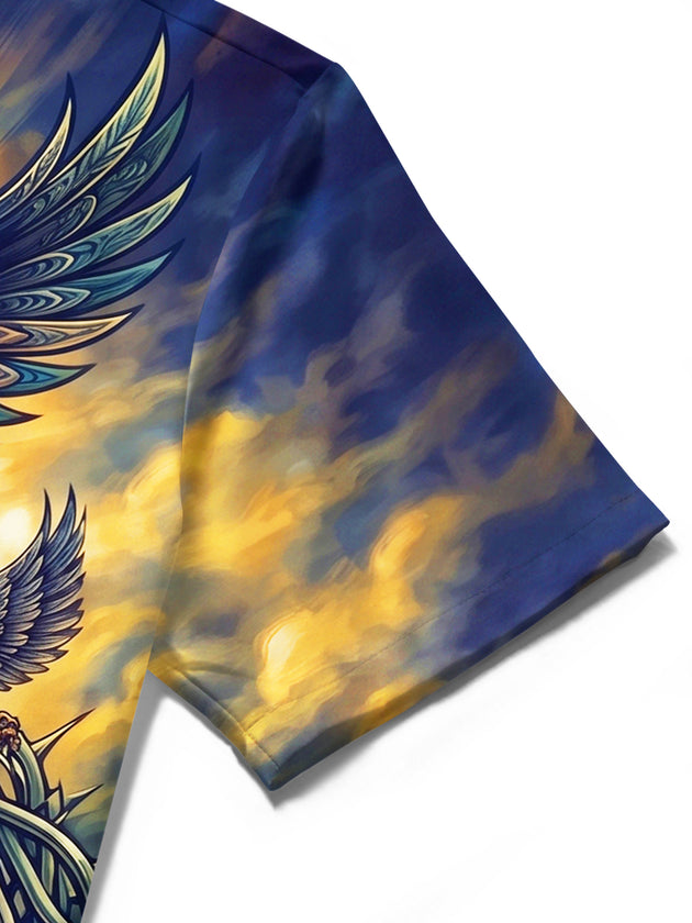 Adaychic Men's Eagles And Thorn Cross With Eyes Print Short Sleeve Shirt with Chest Pocket