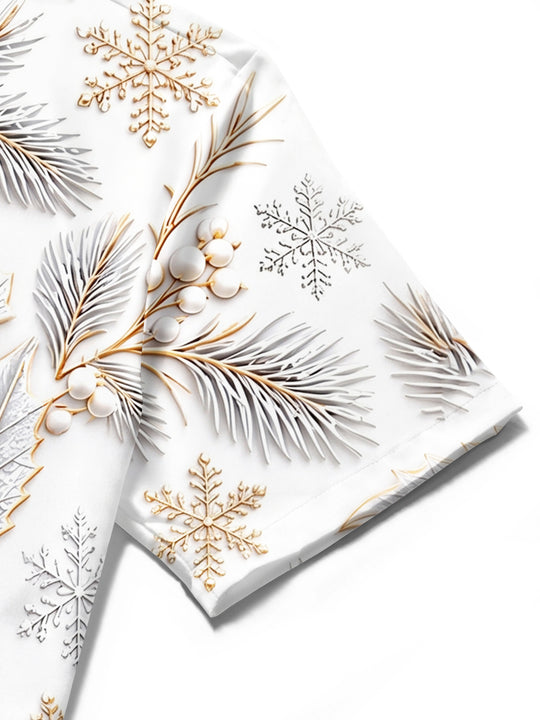 Adaychic Men's Winter Snowflakes And Winter Leaves Print Short Sleeve Shirt with Chest Pocket