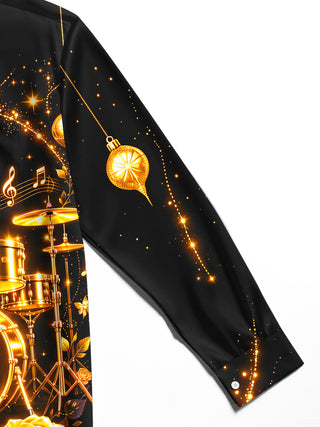 Adaychic Men's Long Sleeve Shirt - Christmas Ornaments And Musical Notes Print Golden Drum Set And Roses Print with Chest Pocket