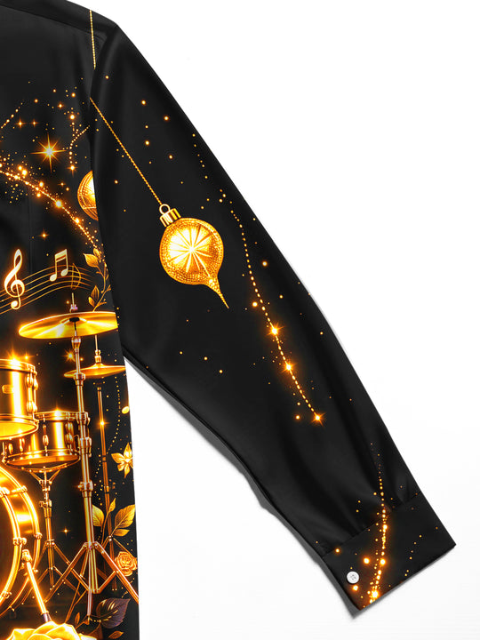 Adaychic Men's Long Sleeve Shirt - Christmas Ornaments And Musical Notes Print Golden Drum Set And Roses Print with Chest Pocket