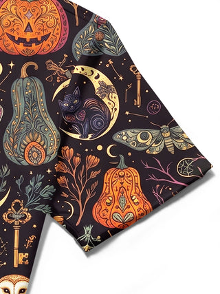 Adaychic Men's Halloween Owls Pumpkins And Cats Print Short Sleeve Shirt with Chest Pocket