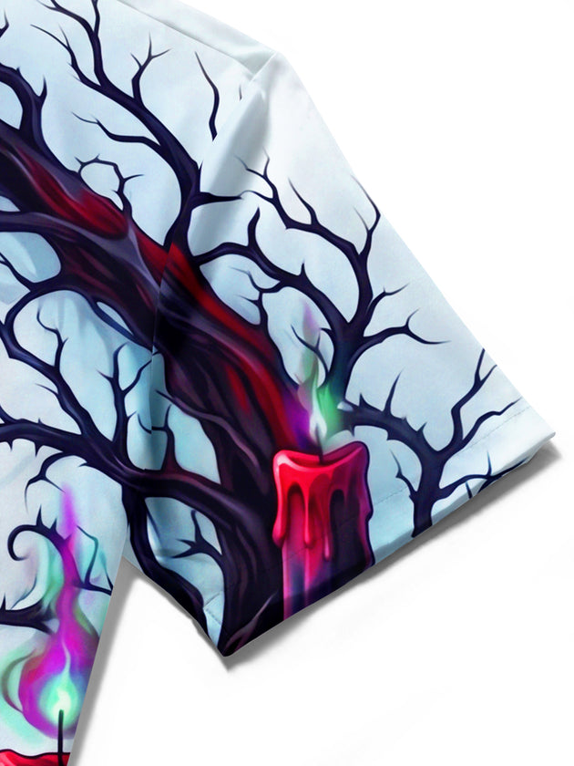 Adaychic Men's Gothic Dead Trees And Red Candles Print Short Sleeve Shirt with Chest Pocket