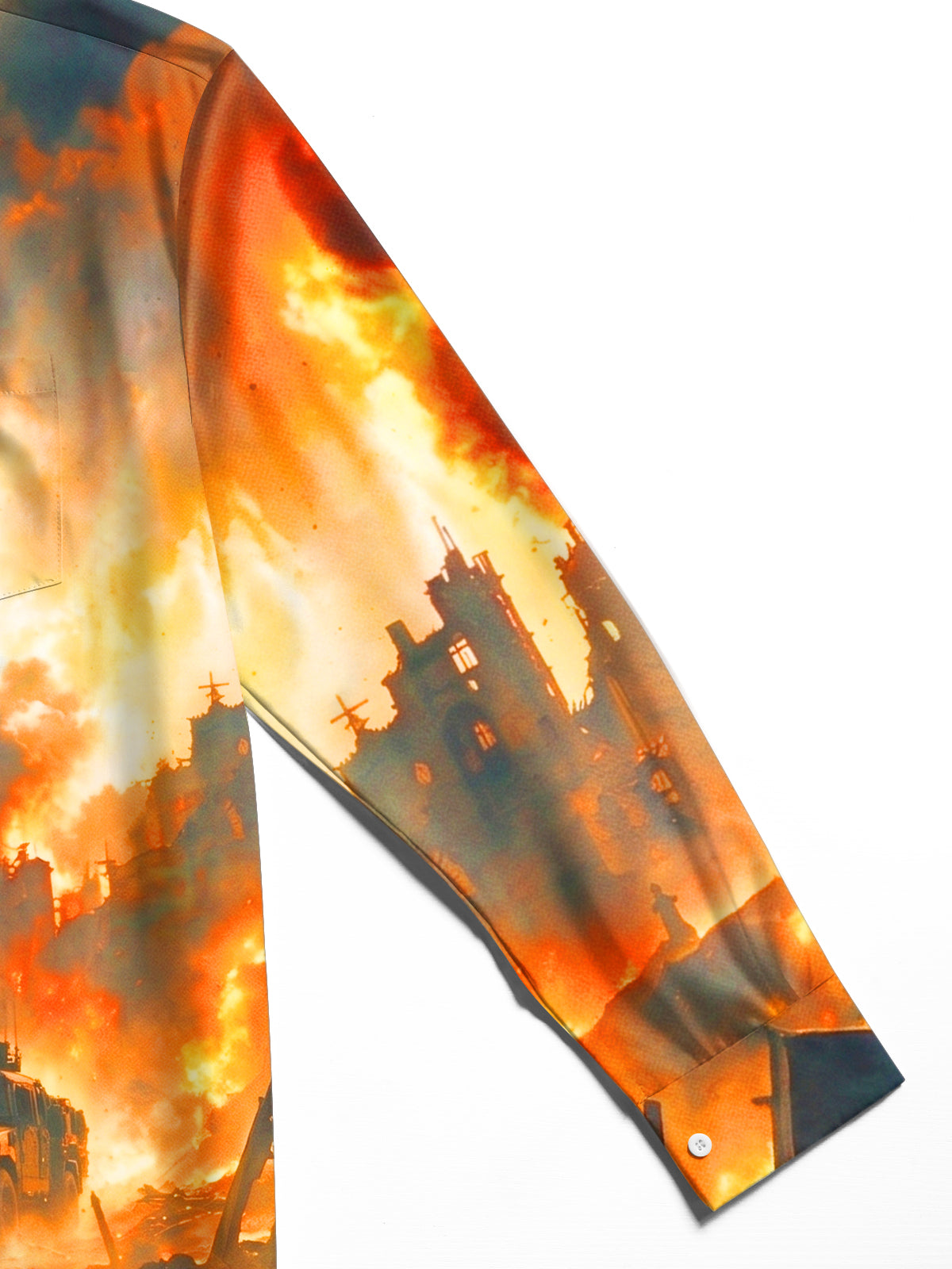 Adaychic Men's Soldier And Armored Vehicle In War Ruins Print Long Sleeve Shirt with Chest Pocket
