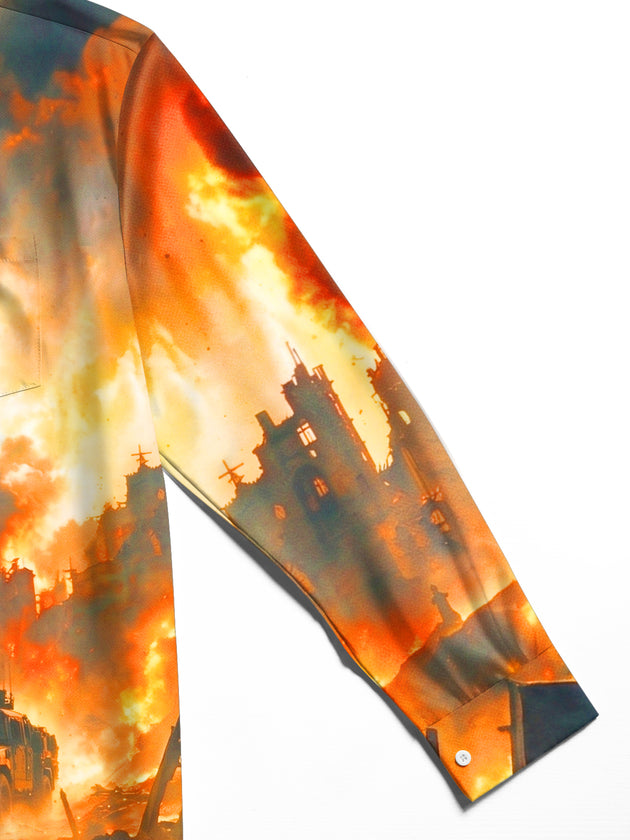Adaychic Men's Soldier And Armored Vehicle In War Ruins Print Long Sleeve Shirt with Chest Pocket