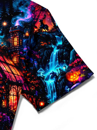 Adaychic Men's Halloween Black Cats And Pumpkins Print Short Sleeve Shirt with Chest Pocket