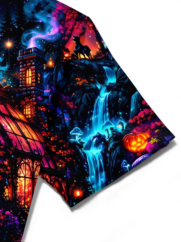 Adaychic Men's Halloween Black Cats And Pumpkins Print Short Sleeve Shirt with Chest Pocket