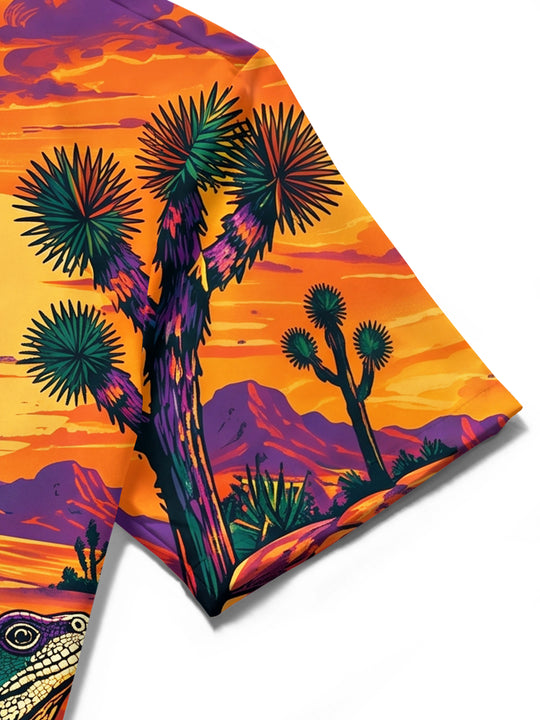 Adaychic Men's Short Sleeve Shirt - Desert Snake And Lizard Sunset Landscape Print with Chest Pocket