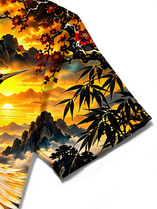 Adaychic Men's Red-crowned Crane And Landscape Print Short Sleeve Shirt with Chest Pocket