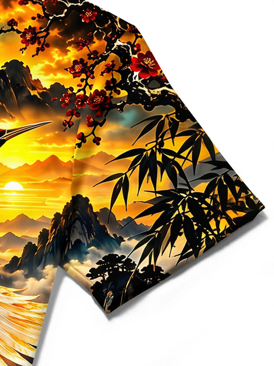 Adaychic Men's Red-crowned Crane And Landscape Print Short Sleeve Shirt with Chest Pocket
