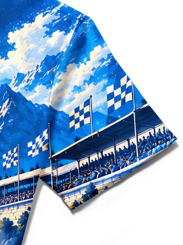 Adaychic Men's Vintage Racing Car On Mountain Track Print Short Sleeve Shirt with Chest Pocket
