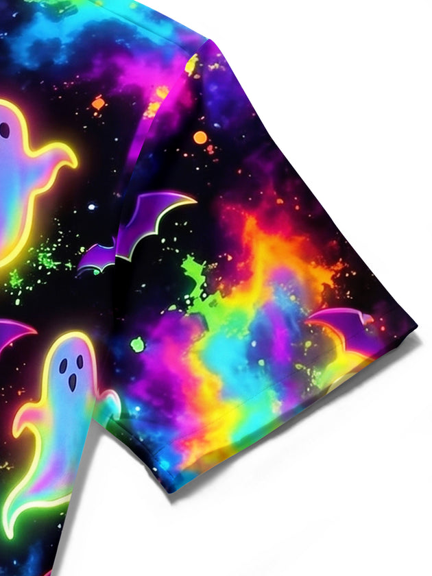 Adaychic Men's Graphic Halloween Neon Ghosts And Bats Print Short Sleeve Shirt with Chest Pocket