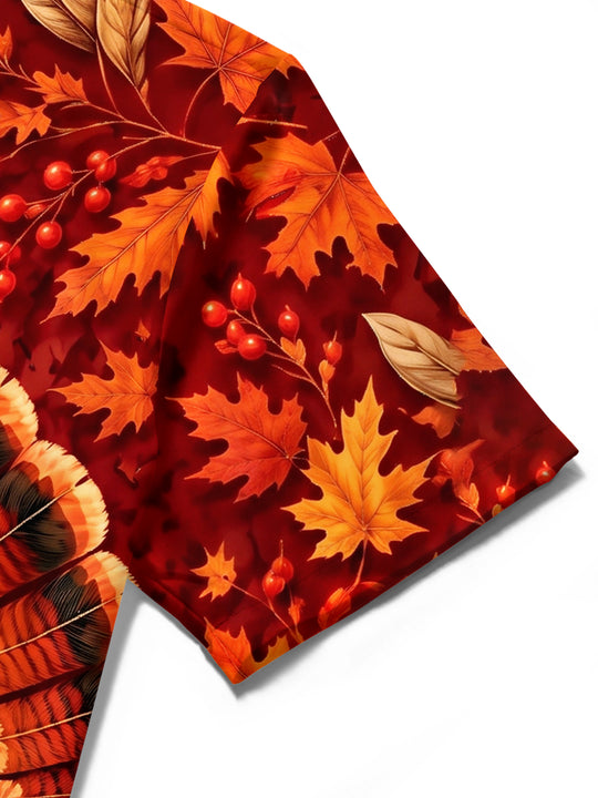 Adaychic Men's Thanksgiving Turkey And Autumn Leaves Print Short Sleeve Shirt with Chest Pocket