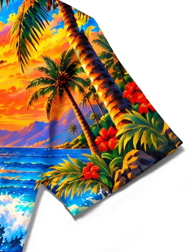 Adaychic Men's Short Sleeve Stand Collar Shirt - Sailfish And Tropical Beach Sunset Print with Chest Pocket