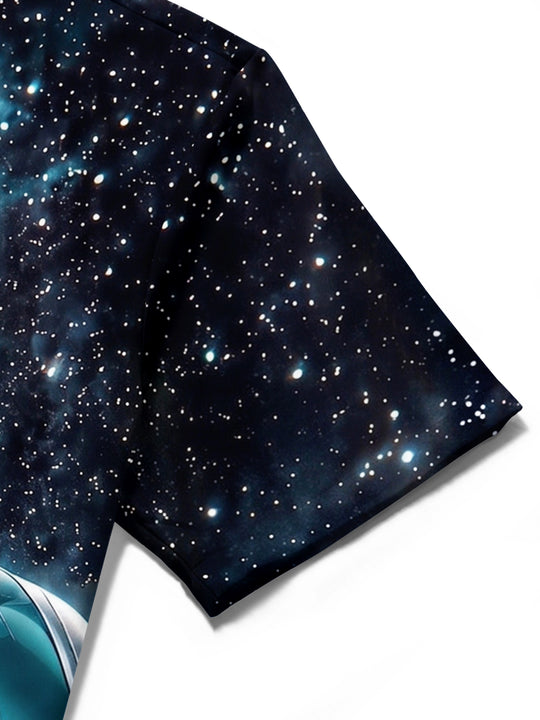 Adaychic Men's Graphic Interstellar Train And Planet Print Short Sleeve Shirt with Chest Pocket