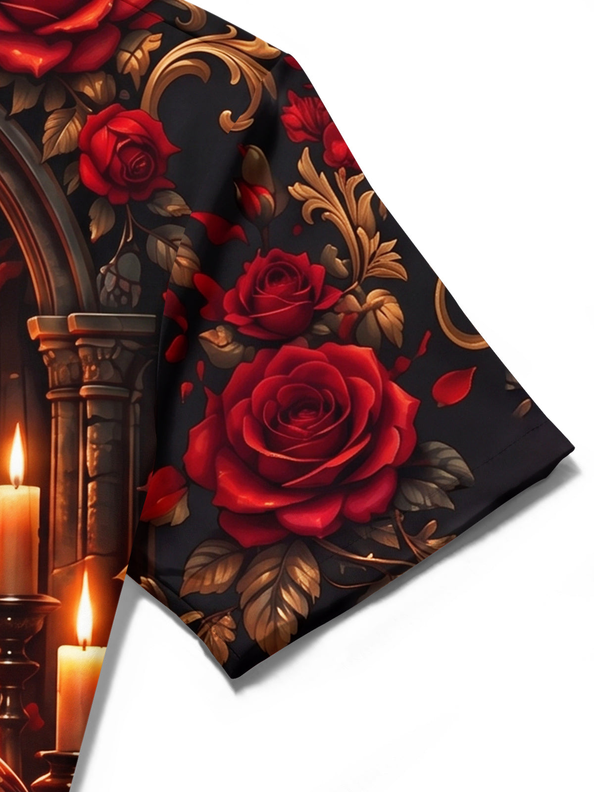 Adaychic Men's Graphic Gothic Crow Print Red Roses Print Short Sleeve Shirt