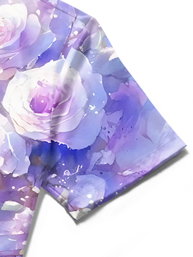 Adaychic Men's Printed Watercolor Roses Print Short Sleeve Shirt with Chest Pocket
