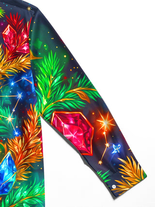 Adaychic Men's Christmas Gemstones And Pine Branches Print Long Sleeve Shirt with Chest Pocket