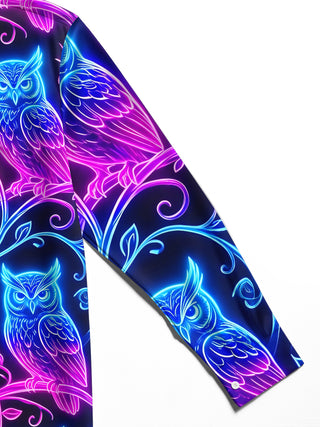 Adaychic Men's Graphic Neon Glow Owls On Branches Print Long Sleeve Shirt with Chest Pocket