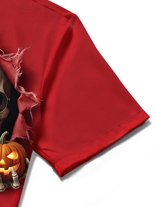 Adaychic Men's Short Sleeve Shirt - Halloween Skull With Sunglasses And Skeleton Hand Holding Jack-o-lantern Print with Chest Pocket