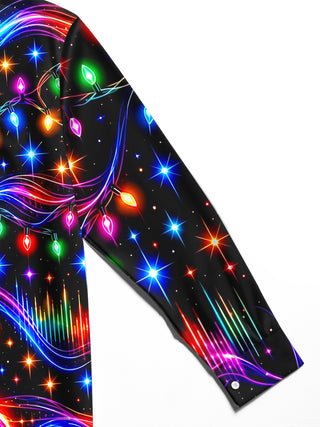 Adaychic Men's Long Sleeve Shirt - Neon Electric Guitar And Christmas Light Strings Print with Chest Pocket