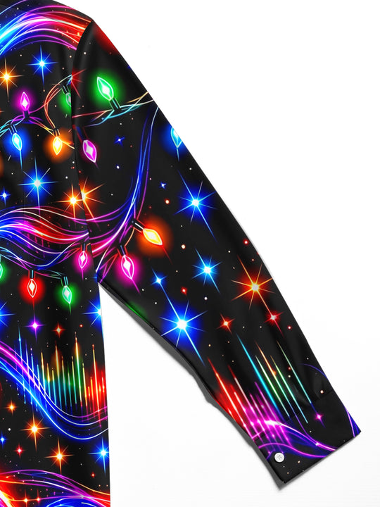 Adaychic Men's Long Sleeve Shirt - Neon Electric Guitar And Christmas Light Strings Print with Chest Pocket