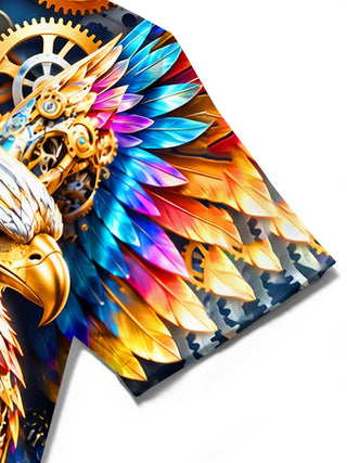 Adaychic Men's Short Sleeve Shirt - Steampunk Eagle With Gears And Colorful Feathers Print with Chest Pocket
