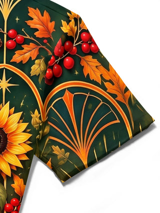 Adaychic Men's Short Sleeve Stand Collar Shirt - Thanksgiving Day Sunflowers And Cornucopia With Autumn Harvest Print with Chest Pocket