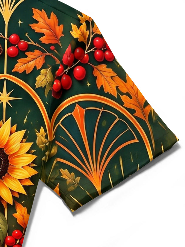 Adaychic Men's Short Sleeve Stand Collar Shirt - Thanksgiving Day Sunflowers And Cornucopia With Autumn Harvest Print with Chest Pocket