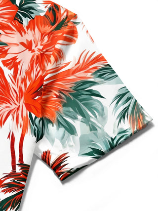 Adaychic Men's Palm Trees And Hibiscus Flowers Print Short Sleeve Shirt with Chest Pocket