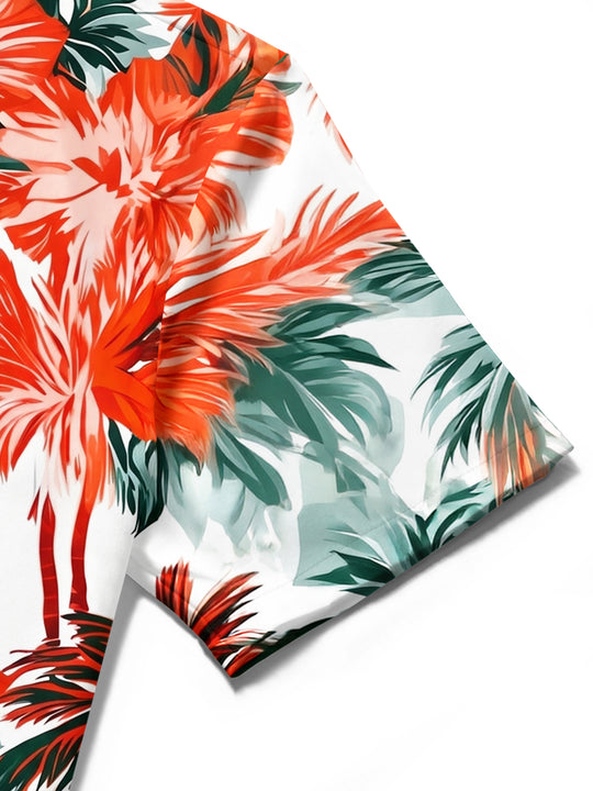 Adaychic Men's Palm Trees And Hibiscus Flowers Print Short Sleeve Shirt with Chest Pocket