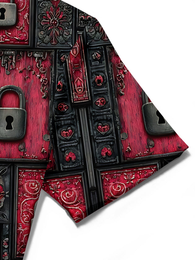 Adaychic Men's Vintage Style Vintage Padlock Pattern Short Sleeve Shirt with Chest Pocket