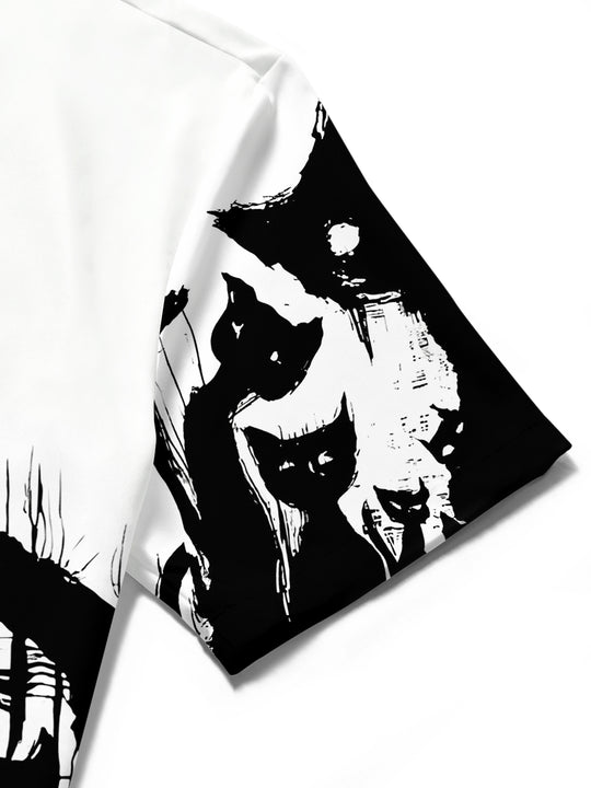 Adaychic Men's Graphic Black Cat Print Short Sleeve Shirt with Chest Pocket