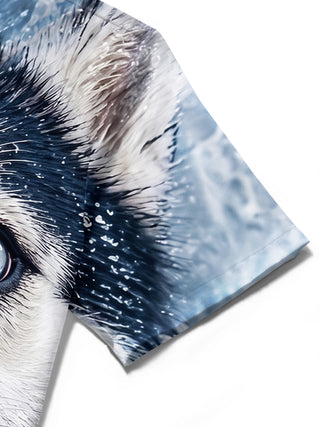 Adaychic Men's Graphic Alaskan Malamute Face Print Short Sleeve Shirt with Chest Pocket